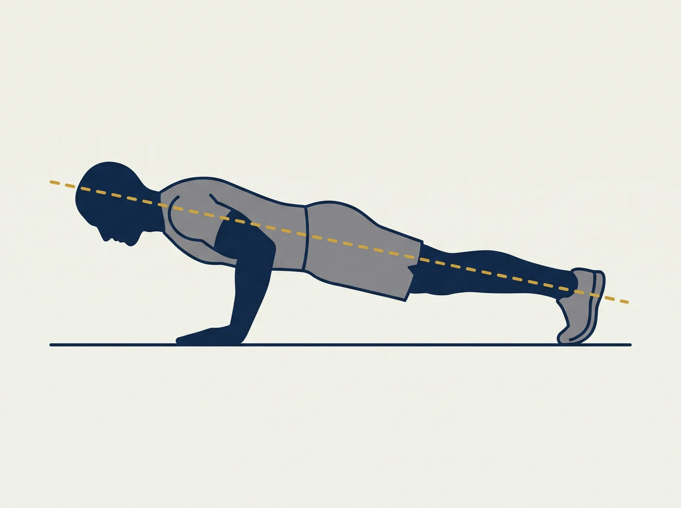 Side view of the standard push-up bottom position: body held in a straight line from the back of the head through the hips to the heels, elbows bent, chest lowered toward the floor, hands flat beneath the shoulders.
