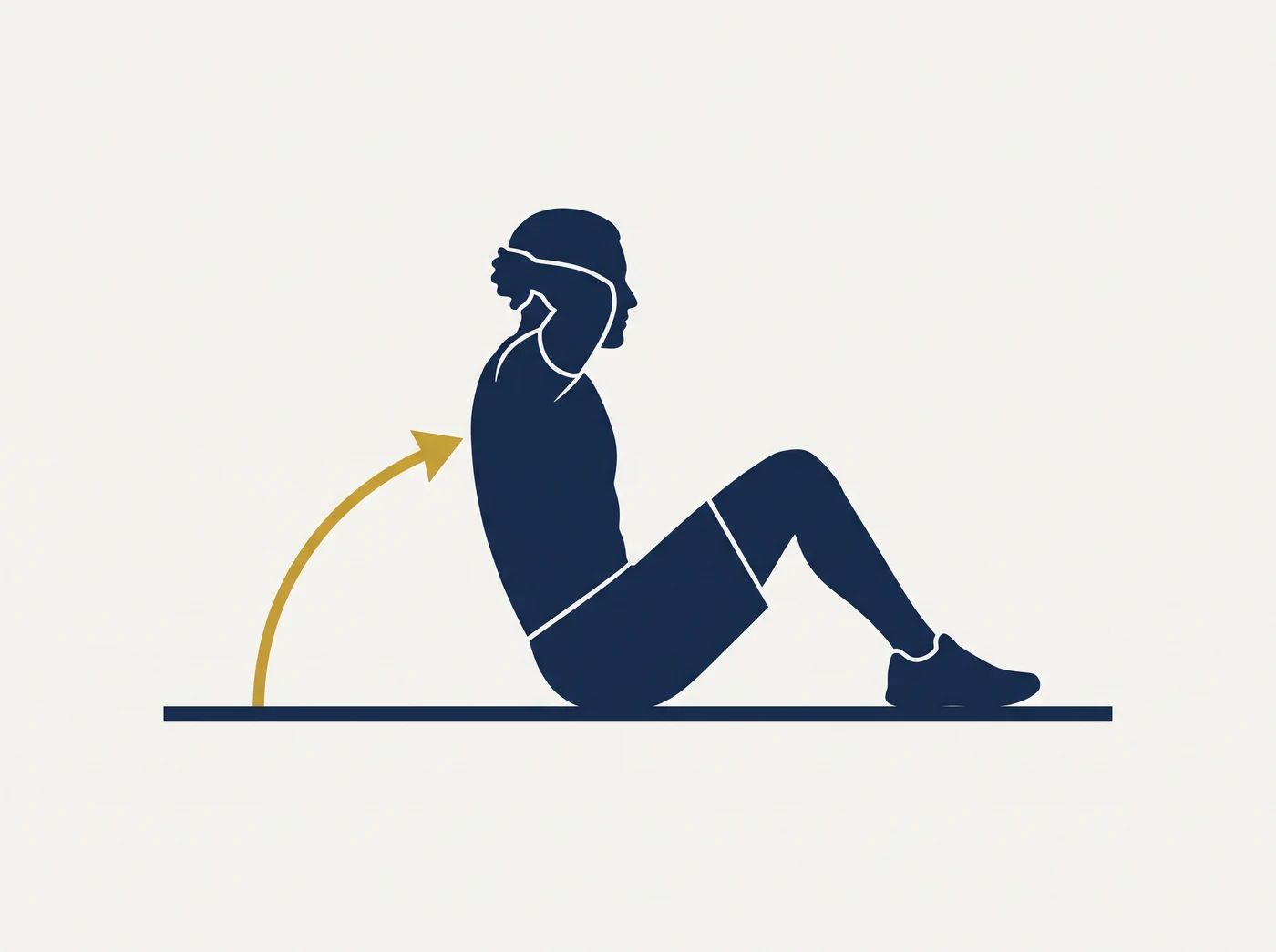 Side view of a sit-up at the top position: knees bent at about ninety degrees with feet flat, torso raised vertical, fingers interlocked behind the head.